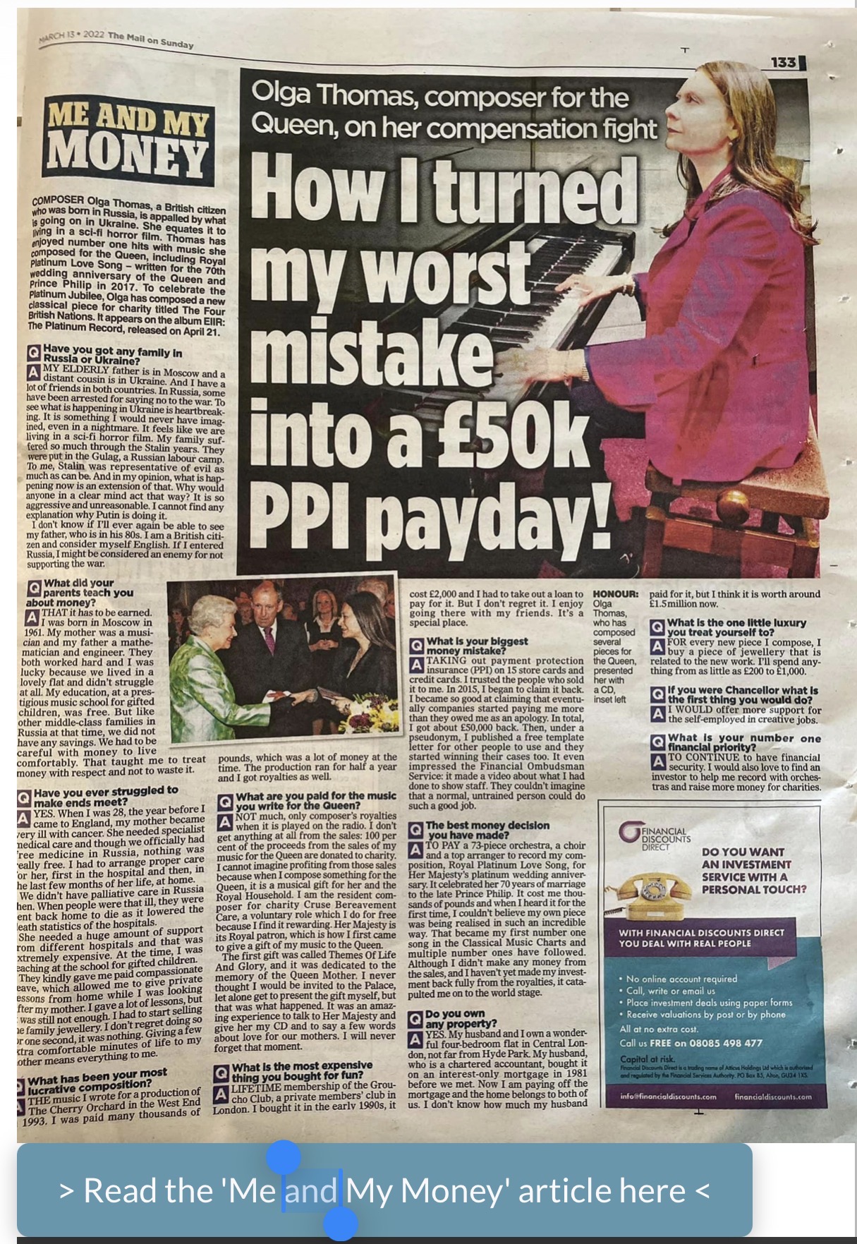 Mail on Sunday Me and My Money feature with Olga Thomas