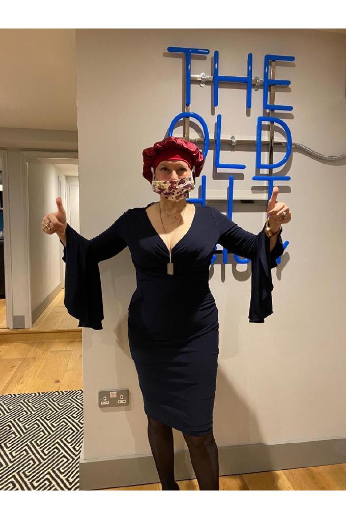 Olga Thomas in a surgical hat and mask at The Old Hit Factory Studios