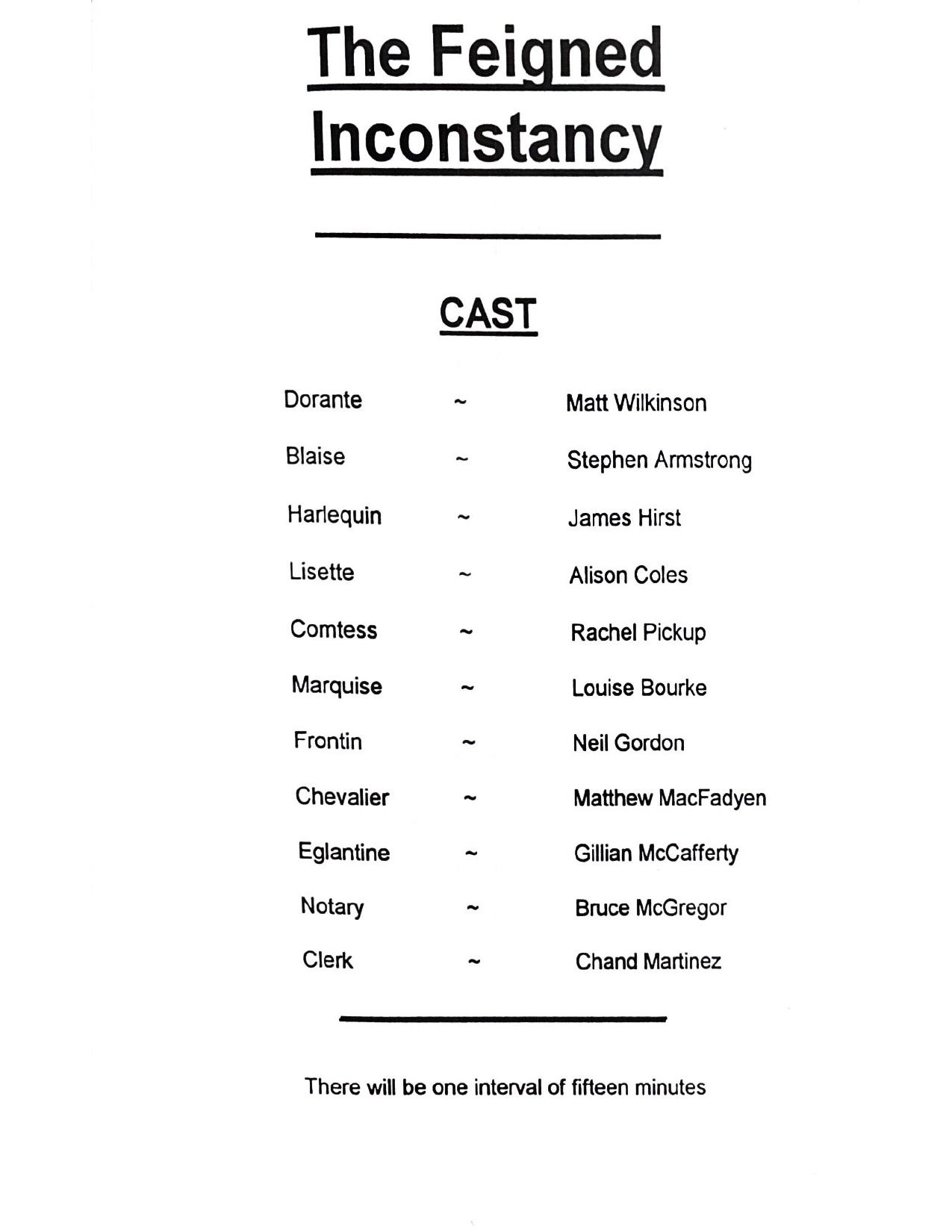 Cast page from the 1994 RADA production of The Feigned Inconstancy