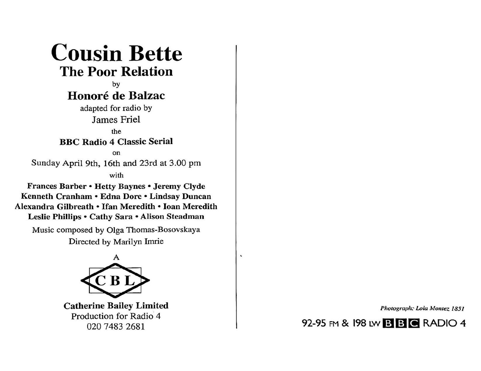 BBC Radio 4 credits for Cousin Bette naming Olga Thomas-Bosovskaya as composer