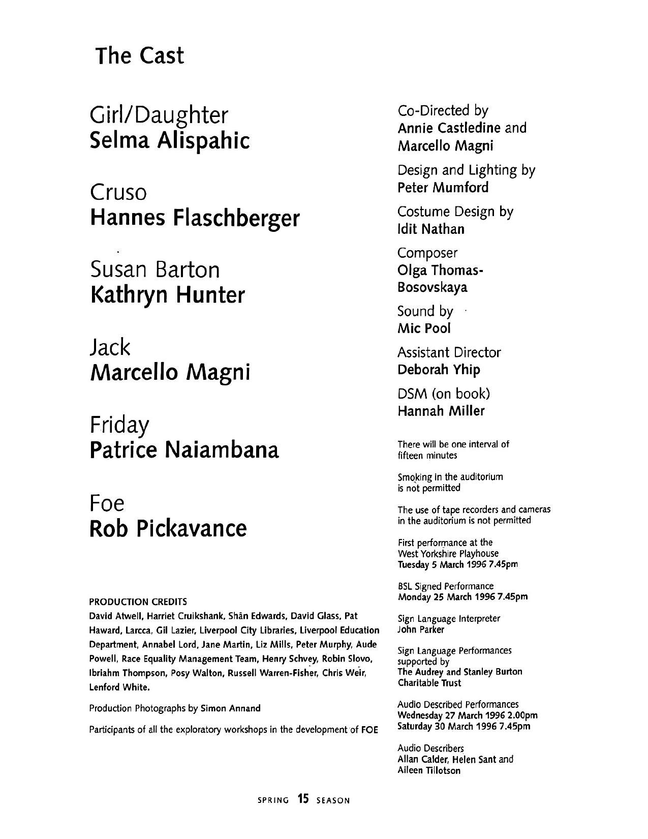 Foe programme credits naming Olga Thomas-Bosovskaya as composer