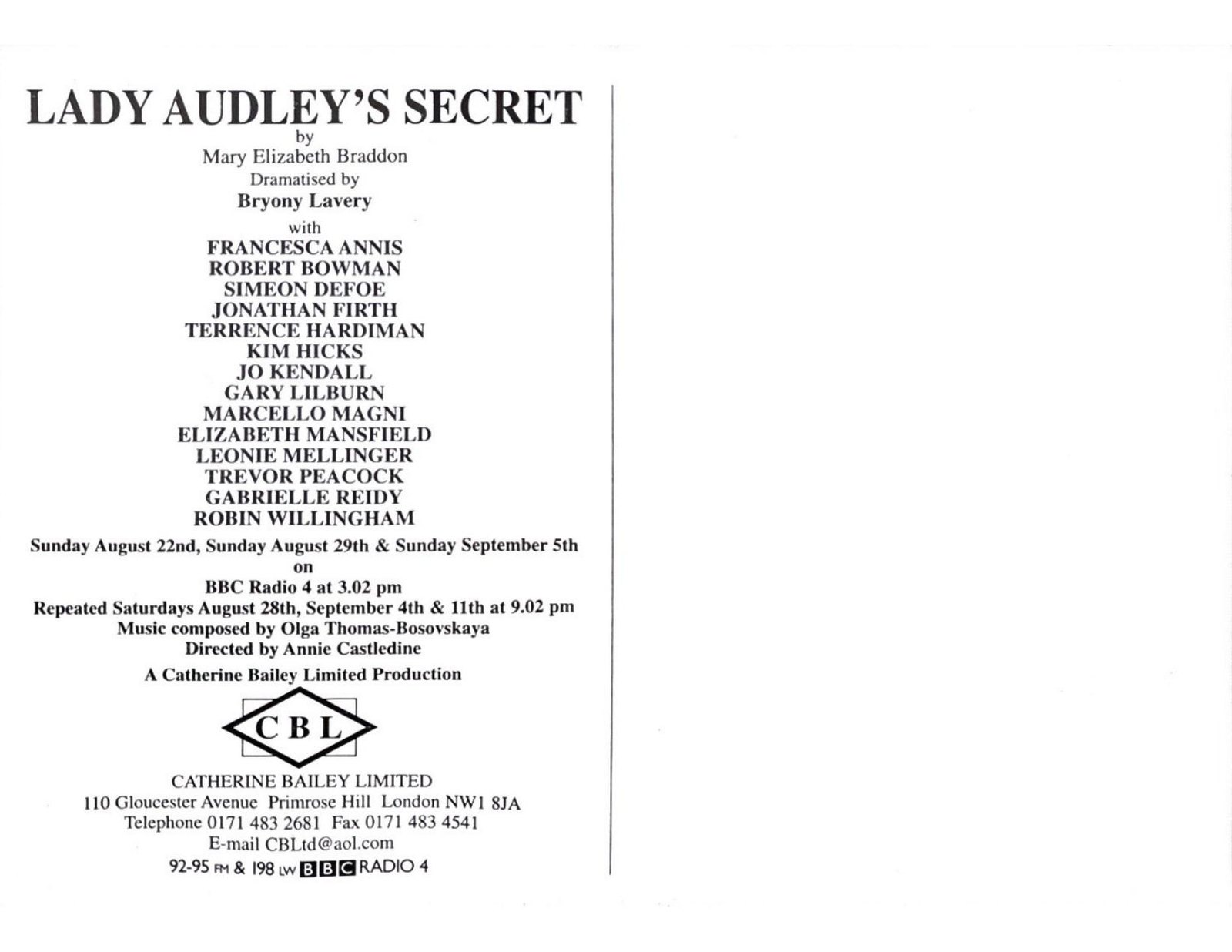 BBC Radio 4 credits for Lady Audley’s Secret naming Olga Thomas-Bosovskaya as composer